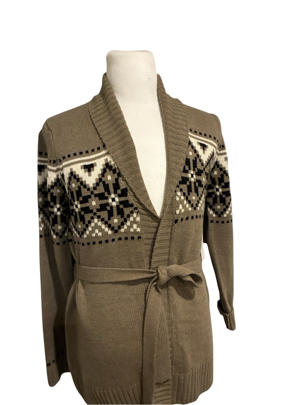 French Connection Tan Fair Isle Belted Cardigan Sweater